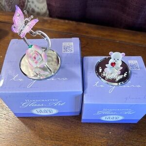 Glass Art Pink Butterfly and Bear Figurine Set